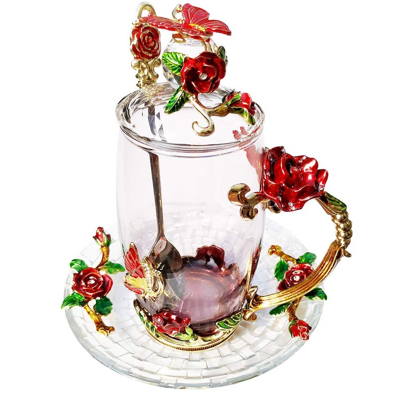 LANTREE Fancy Glass Tea Cup with Lid Saucer Spoon Flower Coffee Mug Unique Birthday Gift for Friend Female MotherinLow Daughter House Warming GiftTall Red