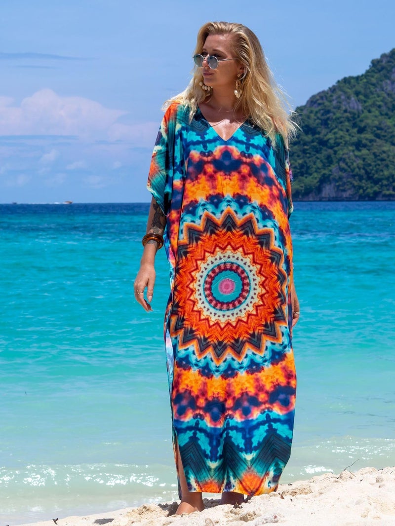 IMAGEKOPE Women's Plus Size Moroccan Print V-Neck Batwing Kaftan Loose Fit Beach Dress Bathing Suit Cover Up - Image 3