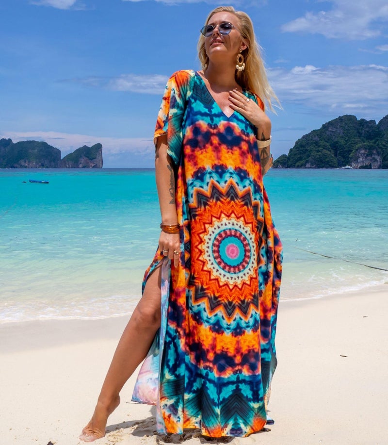IMAGEKOPE Women's Plus Size Moroccan Print V-Neck Batwing Kaftan Loose Fit Beach Dress Bathing Suit Cover Up - Image 2