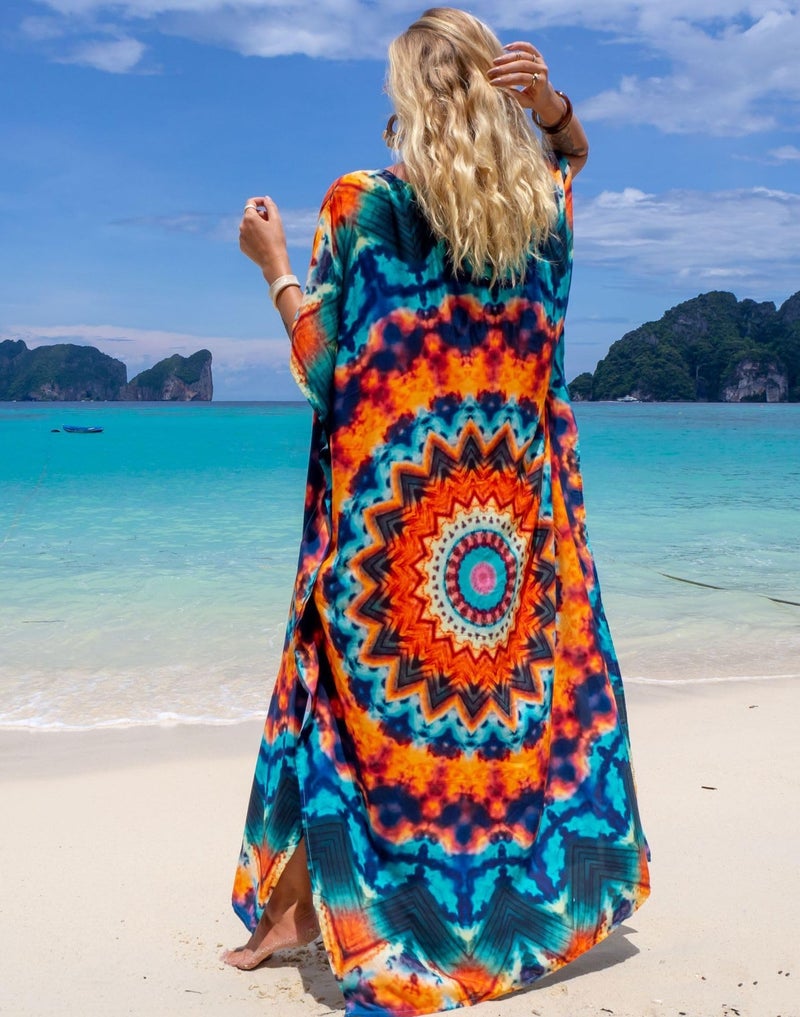 IMAGEKOPE Women's Plus Size Moroccan Print V-Neck Batwing Kaftan Loose Fit Beach Dress Bathing Suit Cover Up - Image 5
