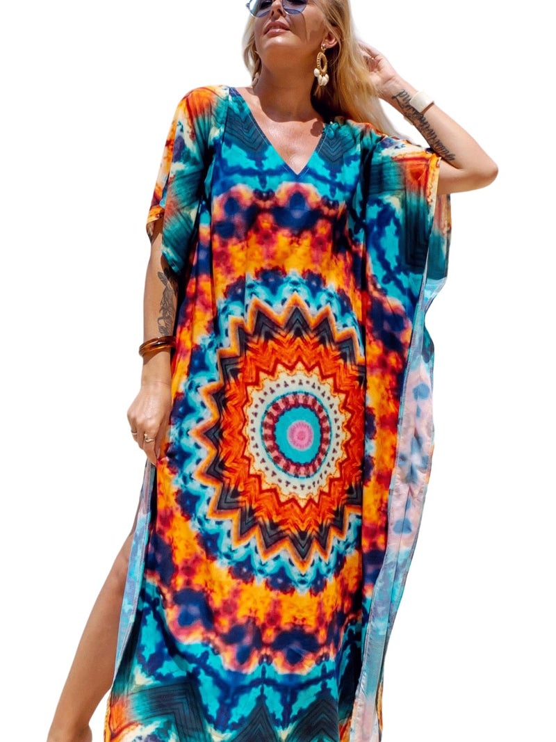 IMAGEKOPE Women's Plus Size Moroccan Print V-Neck Batwing Kaftan Loose Fit Beach Dress Bathing Suit Cover Up - Image 1