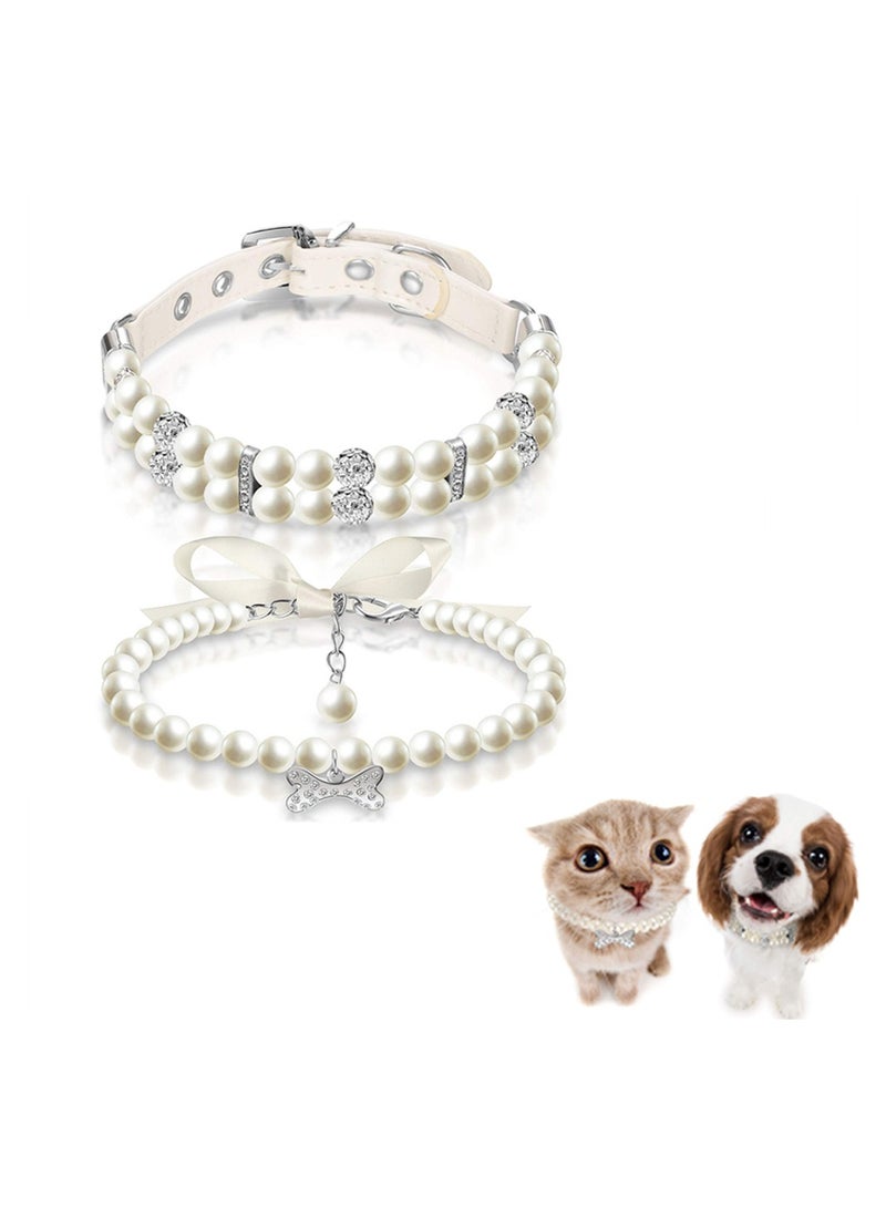SYOSI Dog Cat Pearl Collar, 2 Pieces Bling Necklace Collar, Adjustable Pet Pearl Necklace Crystal Rhinestones Pearls Charms Dog Collar for Small Dogs Cats Wedding Birthday Party - Image 1
