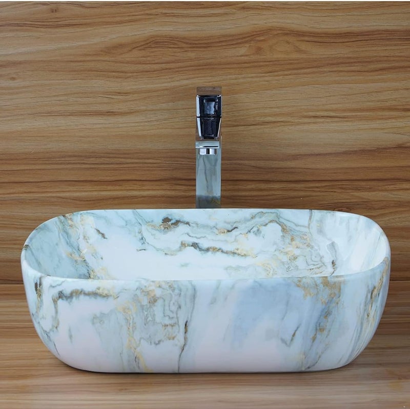 OSOSAM Ceramic Countertop Wash Basin Designer Table Top Bathroom Basin Sink Vessel Sink Wash Basin Over Counter for Hotel Home Living Room 18 x 13 x 55 Inch White Green Tone Glossy Finish - Image 2