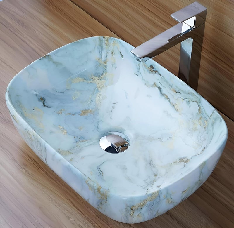 OSOSAM Ceramic Countertop Wash Basin Designer Table Top Bathroom Basin Sink Vessel Sink Wash Basin Over Counter for Hotel Home Living Room 18 x 13 x 55 Inch White Green Tone Glossy Finish - Image 1
