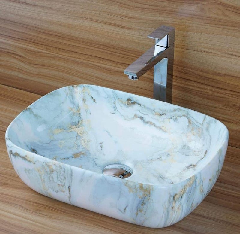 OSOSAM Ceramic Countertop Wash Basin Designer Table Top Bathroom Basin Sink Vessel Sink Wash Basin Over Counter for Hotel Home Living Room 18 x 13 x 55 Inch White Green Tone Glossy Finish - Image 5