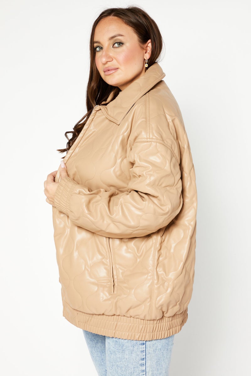 Asos Design Women Quilted Puffer Jacket, Tan  - Image 2