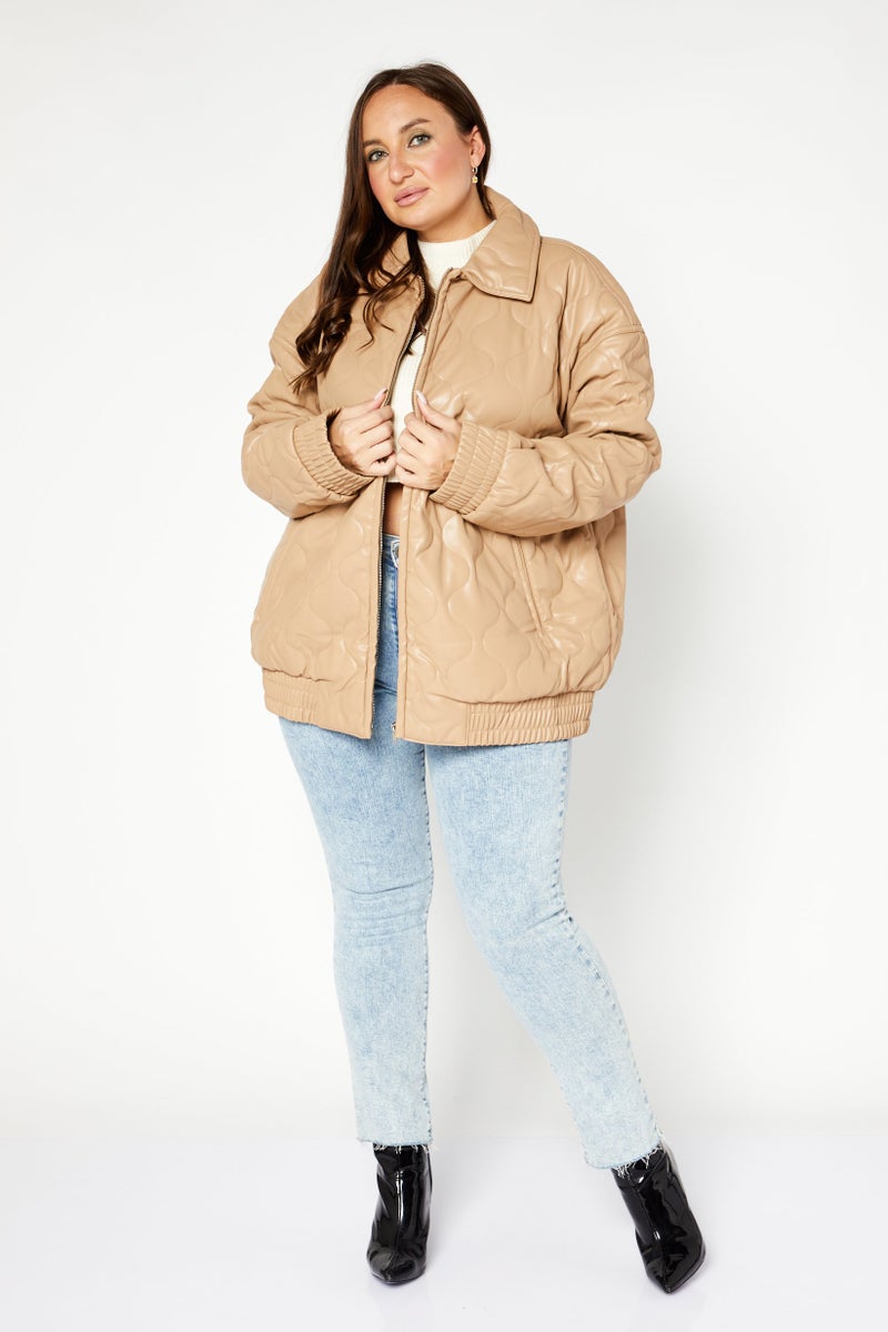 Asos Design Women Quilted Puffer Jacket, Tan  - Image 4