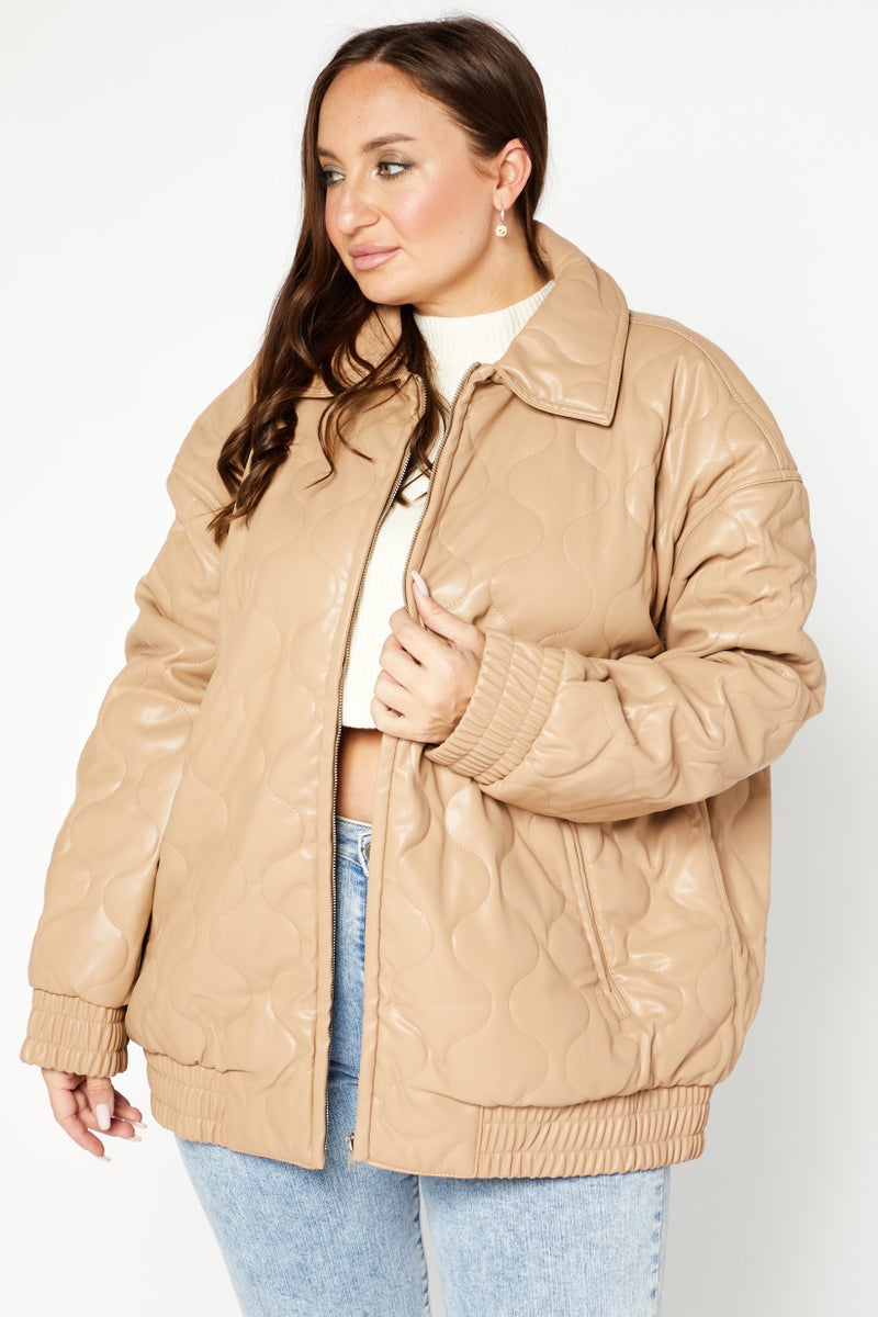 Asos Design Women Quilted Puffer Jacket, Tan  - Image 1