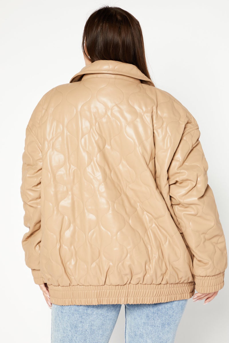 Asos Design Women Quilted Puffer Jacket, Tan  - Image 3