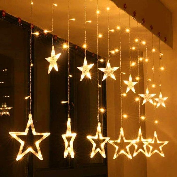 12 STARS 138 LED CURTAIN STRING LIGHTS WINDOW CURTAIN DECORATION LIGHTS WITH 8 FLASHING FOR CHRISTMAS WEDDING PARTY HOME 138 LED STAR WARM WHITE
