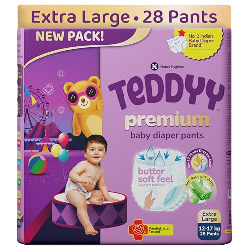 Teddyy Premium Baby Diaper XL size, Pant Style | Extra Large (12-17 kg), 28 Pants | Butter Soft Feel, Anti-Rash with Aloe Vera, 12 Hours Dryness Lock - Image 1