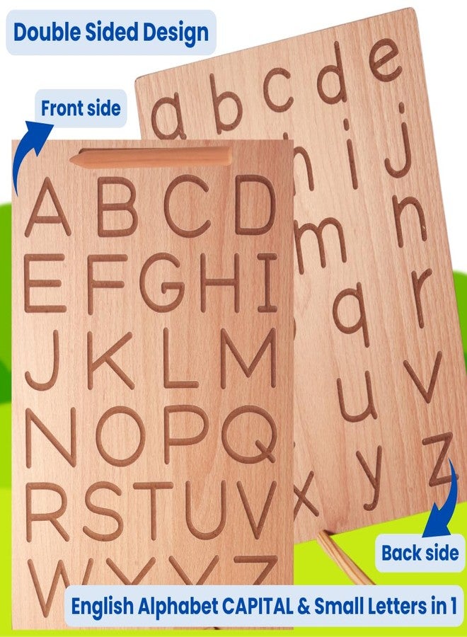 TOYJOS Wooden Alphabet & Number Tracing Boards with Tracing Pen | 2 Double-Sided Boards | Capital & Small Letters + Number Writing (1-20) & Roman Numerals | Montessori Learning Writing Slate (Age 2+) - Image 2