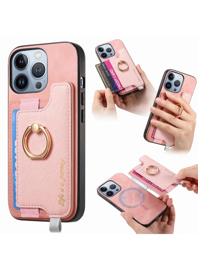 اس-توب جراب هاتف iPhone 14 Pro Retro Magsafe Cross Leather Ring Holder Card Bag Case - Image 1
