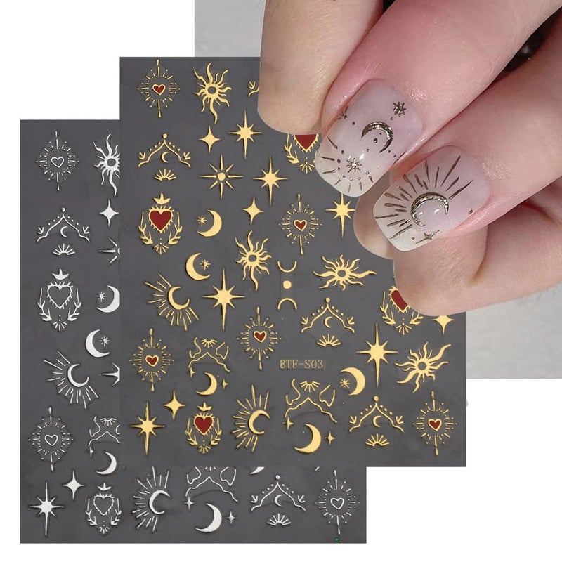 KRTBKR 6 Sheets Sun Star Nail Art Stickers Moon Nail Stickers Fish Bone Nail Decals Gold Rose Sliver Fish Bone Moon Star Design Nail Art Supplies for Women Girls Acrylic Nails Decorations Salon Accessories - Image 2