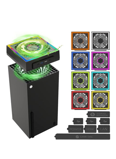 Cooling Fan Dustproof for Xbox Series X with RGB LED Light Strip, with Rubber Dust Plugs, 3-Speed Adjustable Top Fan, Cooler  Light Independent Touch Switch, Low Noise, Extra 2 USB Port