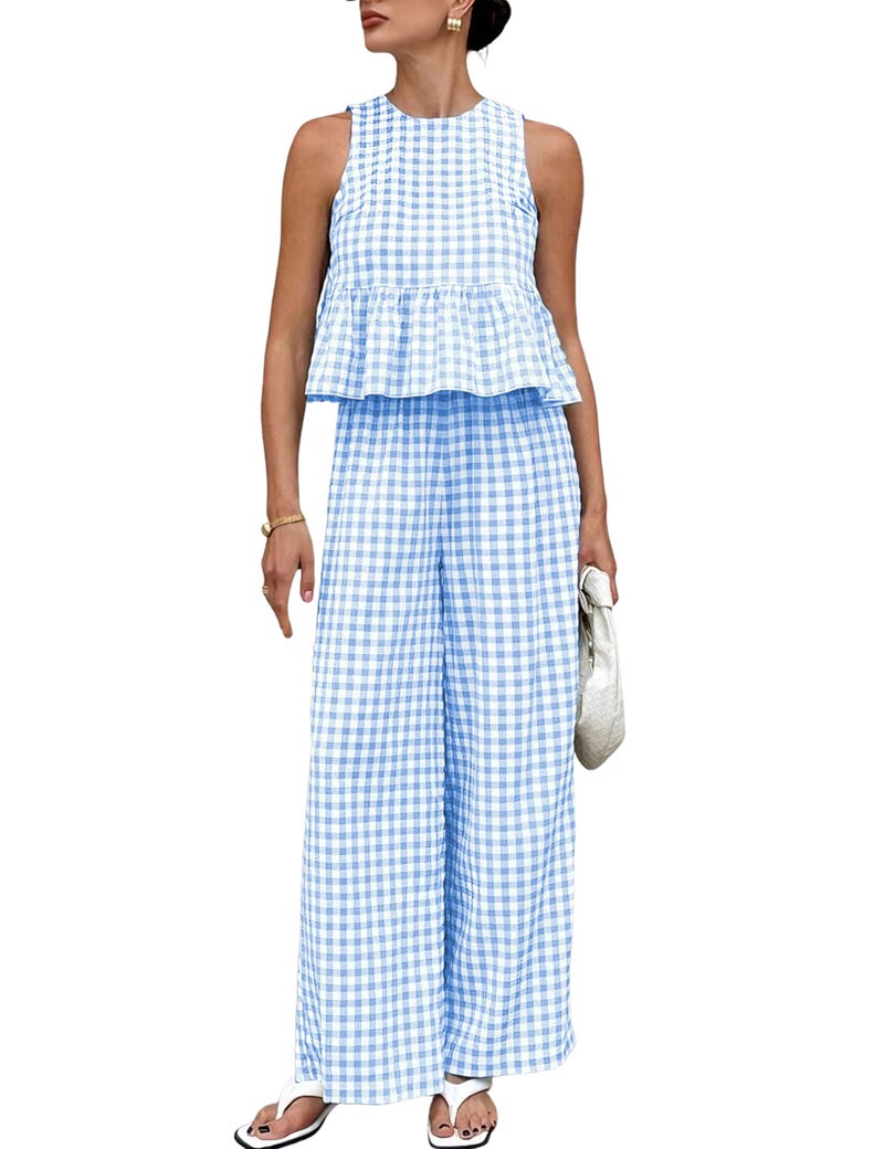 Tanming Women's 2 Piece Set Outfits Gingham Plaid Tank Tops Wide Leg Pants Matching Lounge Sets (Blue-S) - Image 1