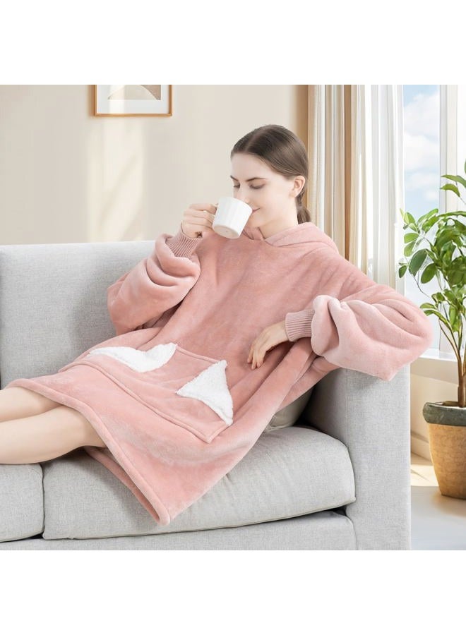 Touchat Wearable Blanket Hoodie, Oversized Sherpa Blanket Sweatshirt with Hood Pocket and Sleeves, Super Soft Warm Plush Hooded Blanket for Adult Women Men, One Size Fits All (Pink) - Image 3