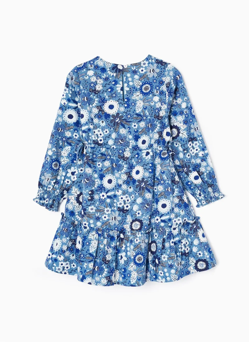 زيبي Cotton Dress with Floral Motif for Girls, Blue/White