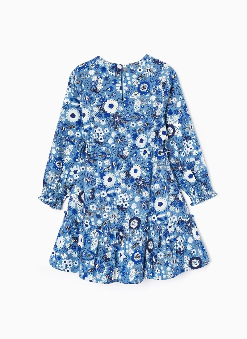 زيبي Cotton Dress with Floral Motif for Girls, Blue/White