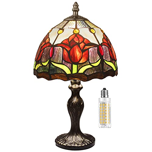MIAOKE Stained Glass Table Lamp,Stained Glass Crystal Bead Style Table Light, Handmade Desk Bedside Night Light, Antique Art Craft Gifts Lover Living Room Bedroom Bookcase (Red Tulips) - Image 1