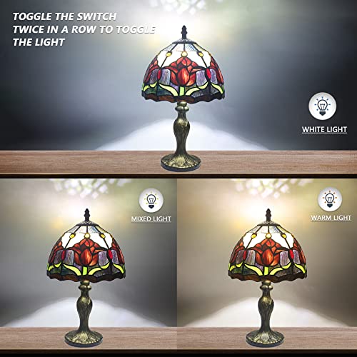 MIAOKE Stained Glass Table Lamp,Stained Glass Crystal Bead Style Table Light, Handmade Desk Bedside Night Light, Antique Art Craft Gifts Lover Living Room Bedroom Bookcase (Red Tulips) - Image 3