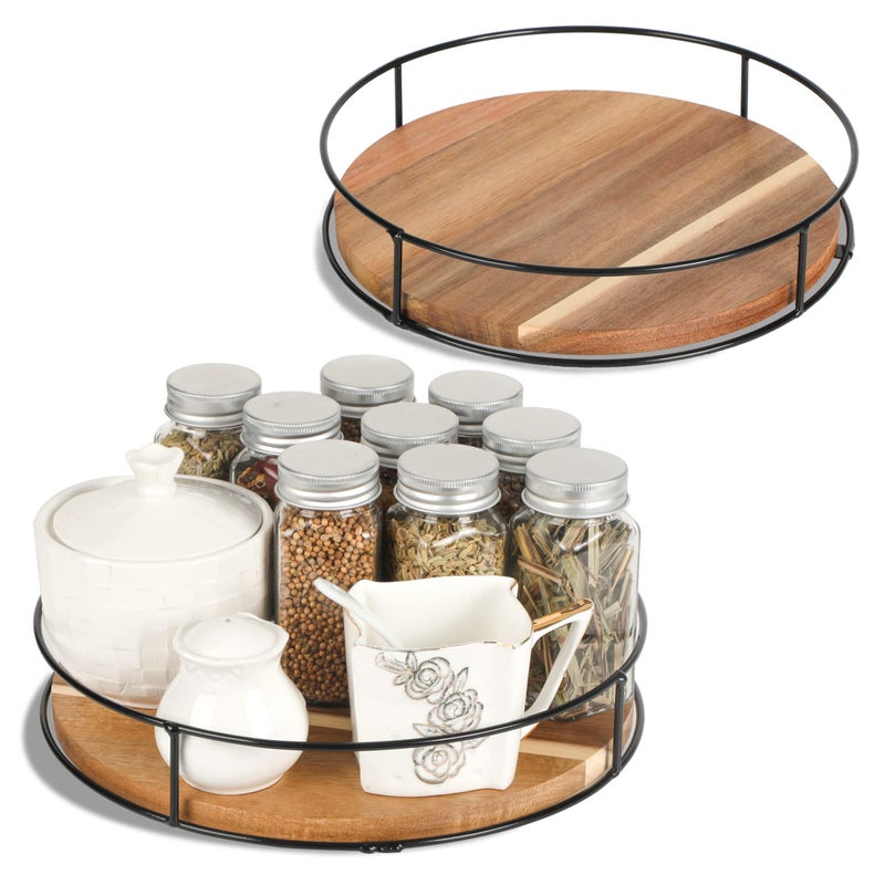 Tomoaza 2 Pack  11  12 Acacia Wood Lazy Susan Organizers with Steel Sides Lazy Susan Turntable for Cabinet Kitchen Turntable Storage for Table Countertop Pantry 