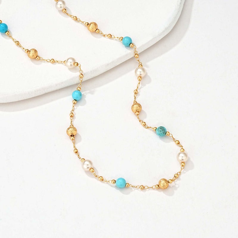 MTMY Beaded Necklaces for Women 14K Gold Plated Dainty Colorful Green/Rose Beaded Pearl Choker Necklace Delicate Boho Choker Necklace Jewelry Gift (turquoise pearl) - Image 5