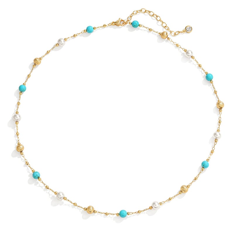 MTMY Beaded Necklaces for Women 14K Gold Plated Dainty Colorful Green/Rose Beaded Pearl Choker Necklace Delicate Boho Choker Necklace Jewelry Gift (turquoise pearl) - Image 1