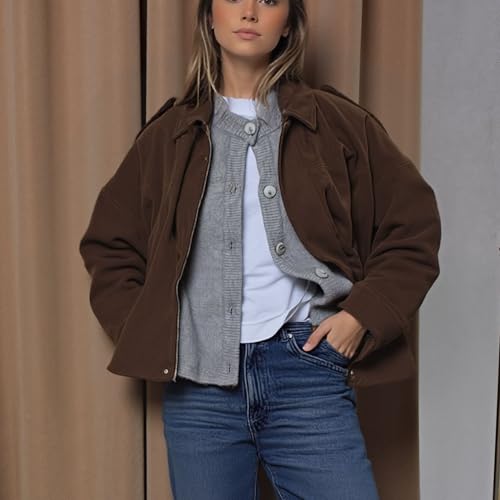Xunger Women's Faux Suede Bomber Jacket Spring Lapel Pilot Coat Casual Oversized Long Sleeves Trendy Streetwear Outerwear(1026-01BrownPocket-S-RD) - Image 2