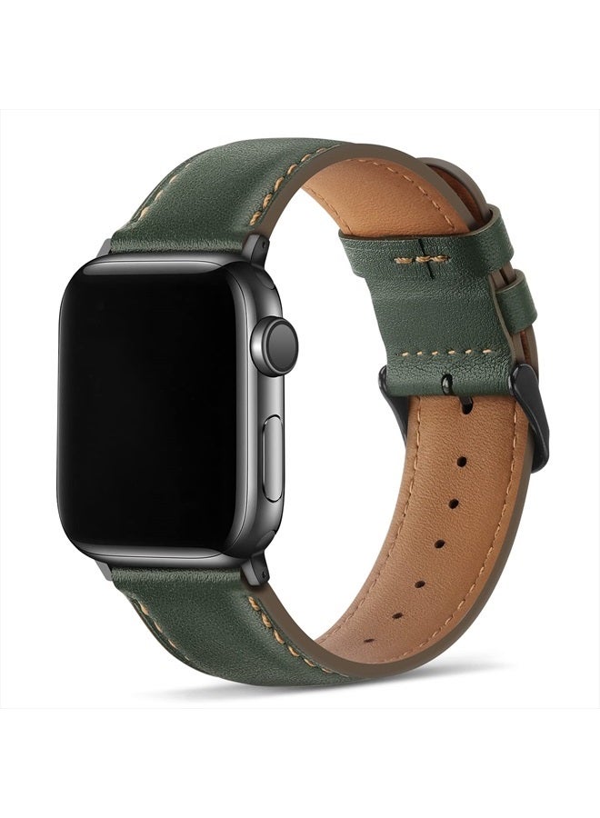 Tasikar Bands Compatible with Apple Watch Band 41mm 40mm 38mm Men Genuine Leather Replacement Band Compatible with Apple Watch Series 8 7 (41mm) SE 6 5 4 (40mm) 3 2 1 (38mm) - Green - Image 1