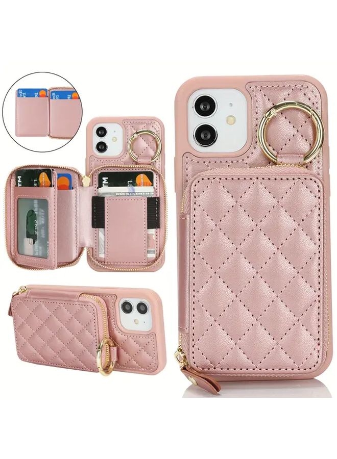 محفظة هاتف Pink Leopard Print متوافقة مع iPhone 12، تحتوي على فتحة للبطاقات، وحجرة بسحاب، وحلقة حامل - Image 1