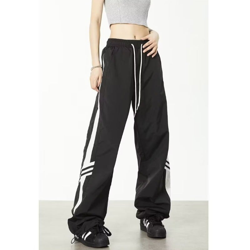 American-style retro three-bar striped overalls womens straight wide-leg drawstring Hip Hop Street straight sports casual pants Black 