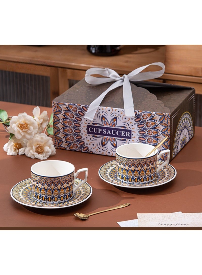 Vintage Moroccan Pattern Coffee Cup and Saucer Set，two mugs with two saucers and two spoons, home gift, Gift Box - Image 1