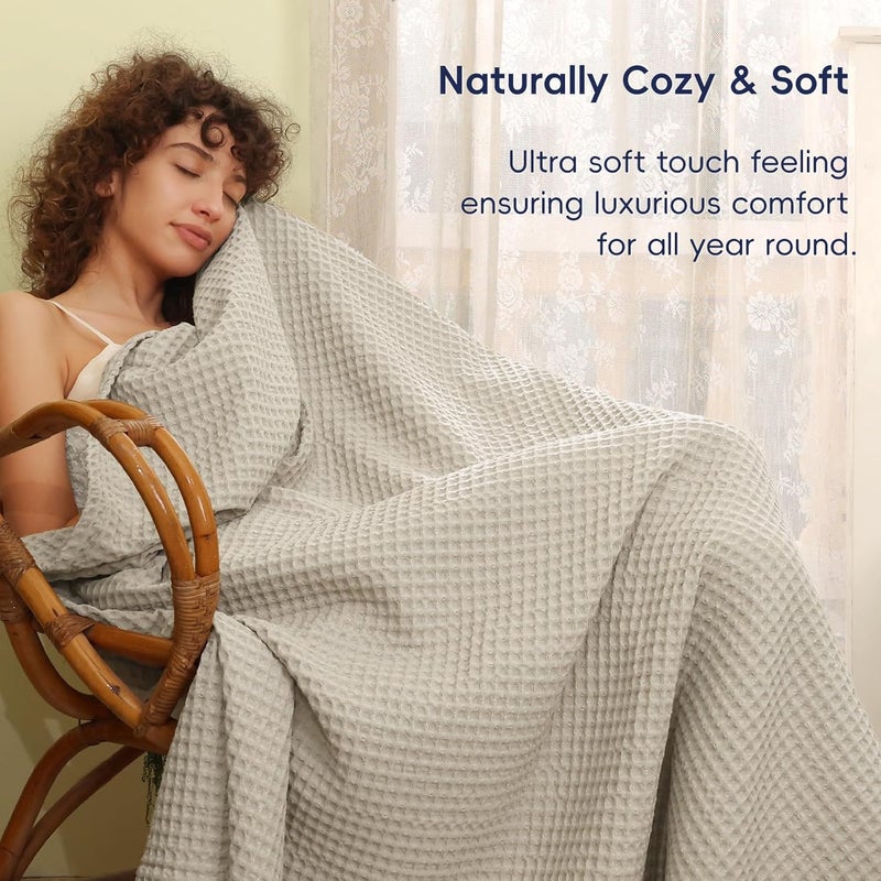 PHF 1 Piece King Waffle Weave Blanket 400GSM, Ultra Soft Cozy Woven Blanket, 230cm x 264cm, Linen - Image 4