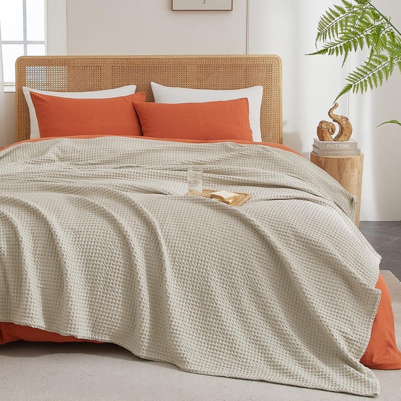 PHF 1 Piece King Waffle Weave Blanket 400GSM, Ultra Soft Cozy Woven Blanket, 230cm x 264cm, Linen - Image 5