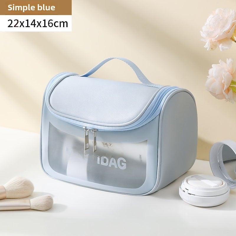PU Waterproof Flip Cover Cosmetic Bag Colorful Large Capacity Portable Toiletry Bag High-value Multi-function Travel Storage Bag Blue