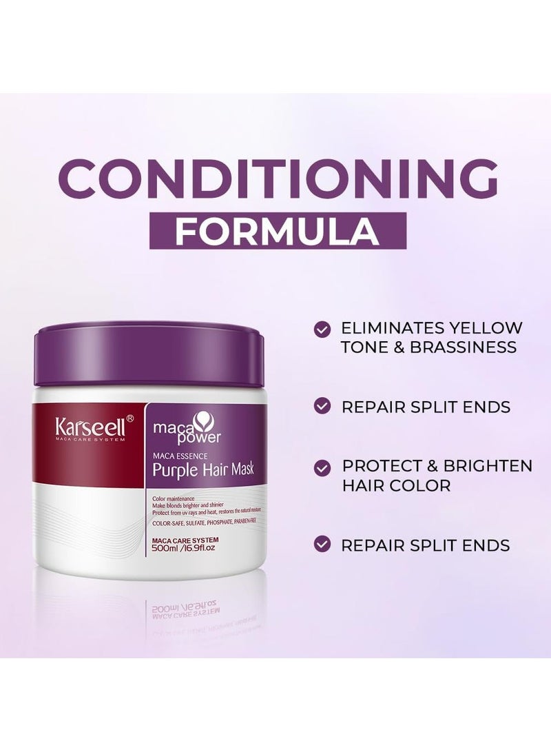 Karseell maca power Purple Hair Mask 500ml Professional Neutralizes Brass & Yellow Tones For Blonde Silver Gray Highlighted Hair - Image 4
