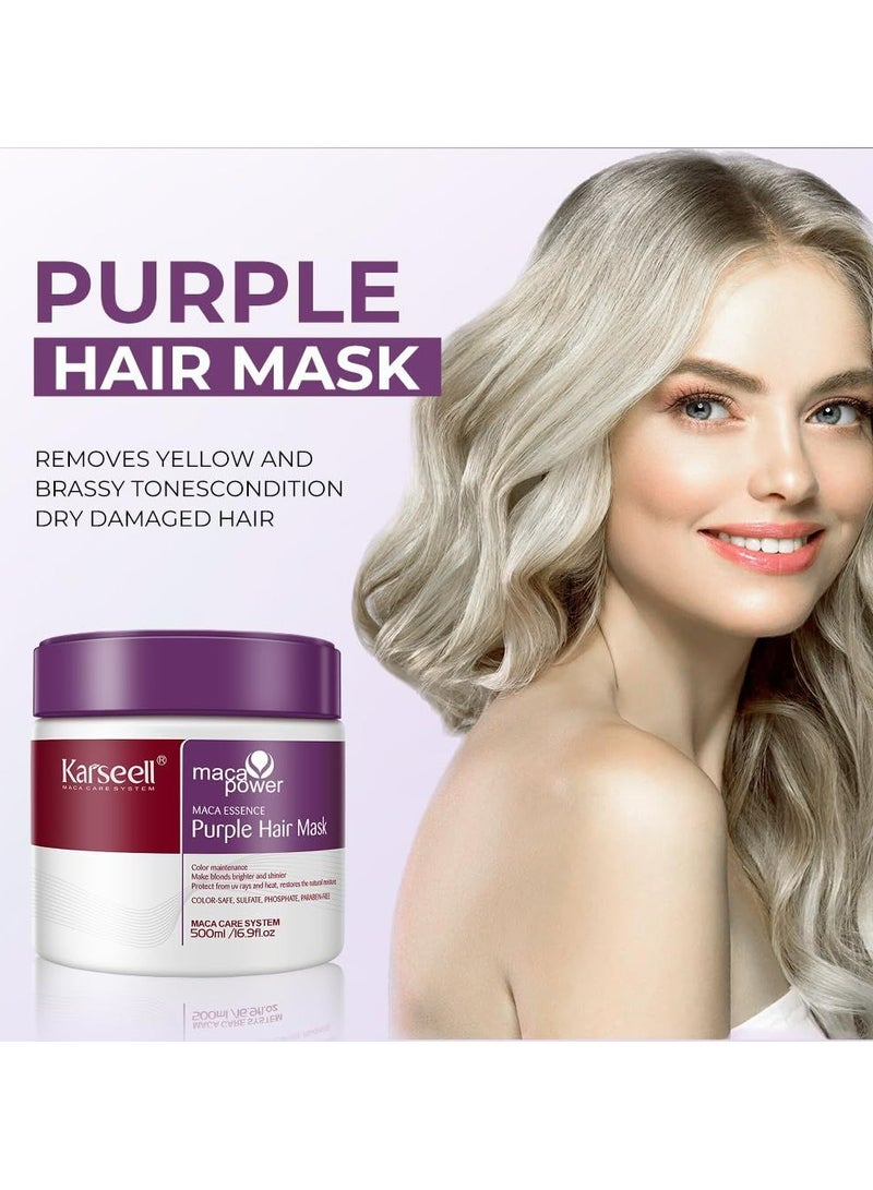 Karseell maca power Purple Hair Mask 500ml Professional Neutralizes Brass & Yellow Tones For Blonde Silver Gray Highlighted Hair - Image 3
