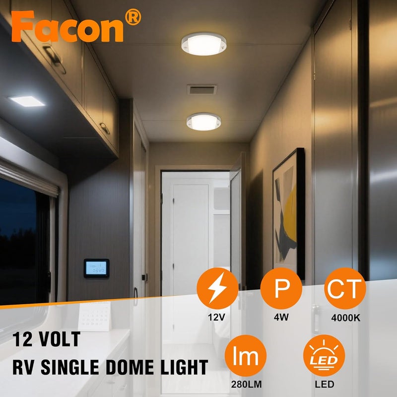FACON 12V RV Oval Pancake Light, Length: 6'', 4000K Nature White Light, 12Volt Interior RV Ceiling Dome Light with On/Off Switch, for RV Motorhomes Camper Caravan Trailer Boat - Image 3