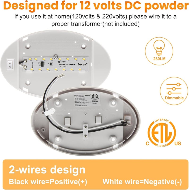 FACON 12V RV Oval Pancake Light, Length: 6'', 4000K Nature White Light, 12Volt Interior RV Ceiling Dome Light with On/Off Switch, for RV Motorhomes Camper Caravan Trailer Boat - Image 4