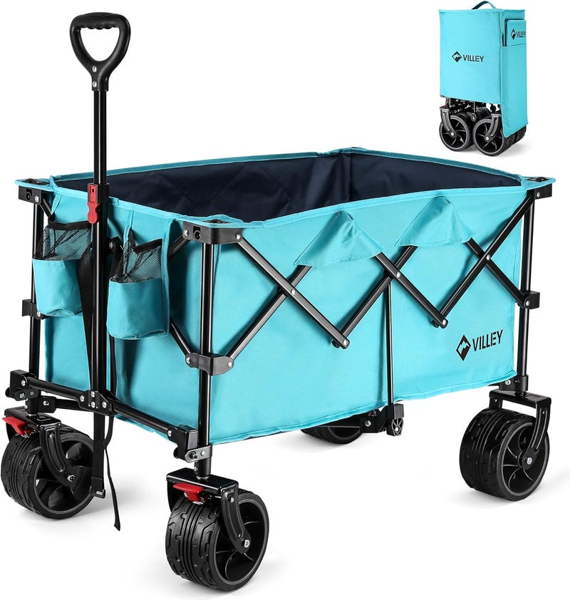 VILLEY Collapsible Folding Wagon with Big Wheels, All Terrain Beach Wagon Cart Heavy Duty Foldable, Enlarged 102kg Capacity, Portable Utility Garden Cart with 2 Cup Holders and Brake, Blue - Image 1