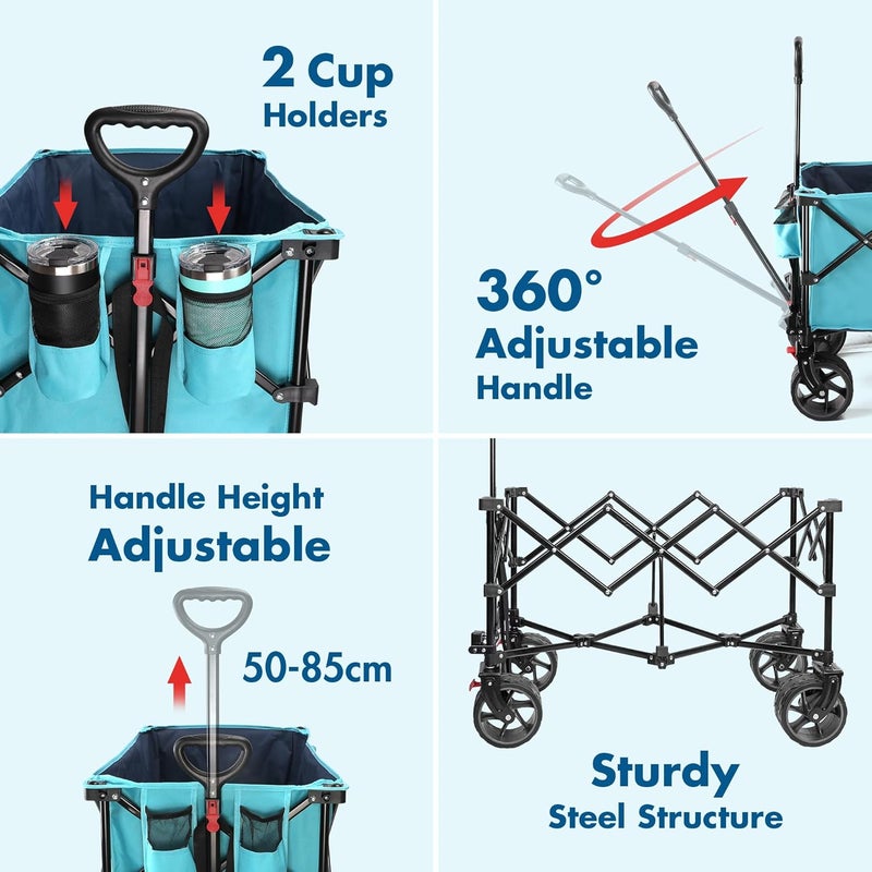 VILLEY Collapsible Folding Wagon with Big Wheels, All Terrain Beach Wagon Cart Heavy Duty Foldable, Enlarged 102kg Capacity, Portable Utility Garden Cart with 2 Cup Holders and Brake, Blue - Image 4