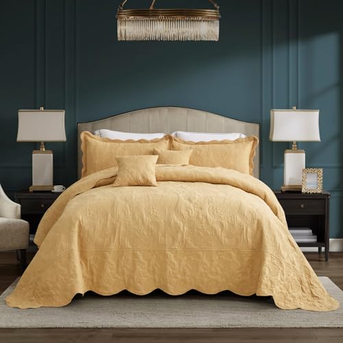 HZ & HY HZ HY Oversized King Bedspread 128x120 Extra Wide Stitched Paisley Quilt Set KingCal King Lightweight Reversible Coverlet Scalloped Edge Warm Classic Look 5 Piece Honey Gold - Image 1