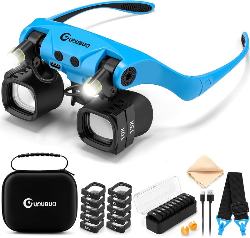 GUOUBUO Magnifying Glass with Light, 2X 4X 6X 10X 13X Magnifying Glasses Lens, Switchable Binoculus Loupe w/Storage Case, Rechargeable Head Mount Magnifier for Close Work Watch Repair Crafts Jewelry - Image 1