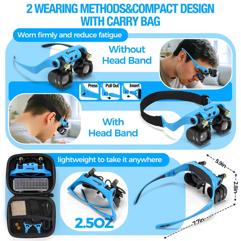 GUOUBUO Magnifying Glass with Light, 2X 4X 6X 10X 13X Magnifying Glasses Lens, Switchable Binoculus Loupe w/Storage Case, Rechargeable Head Mount Magnifier for Close Work Watch Repair Crafts Jewelry - Image 5