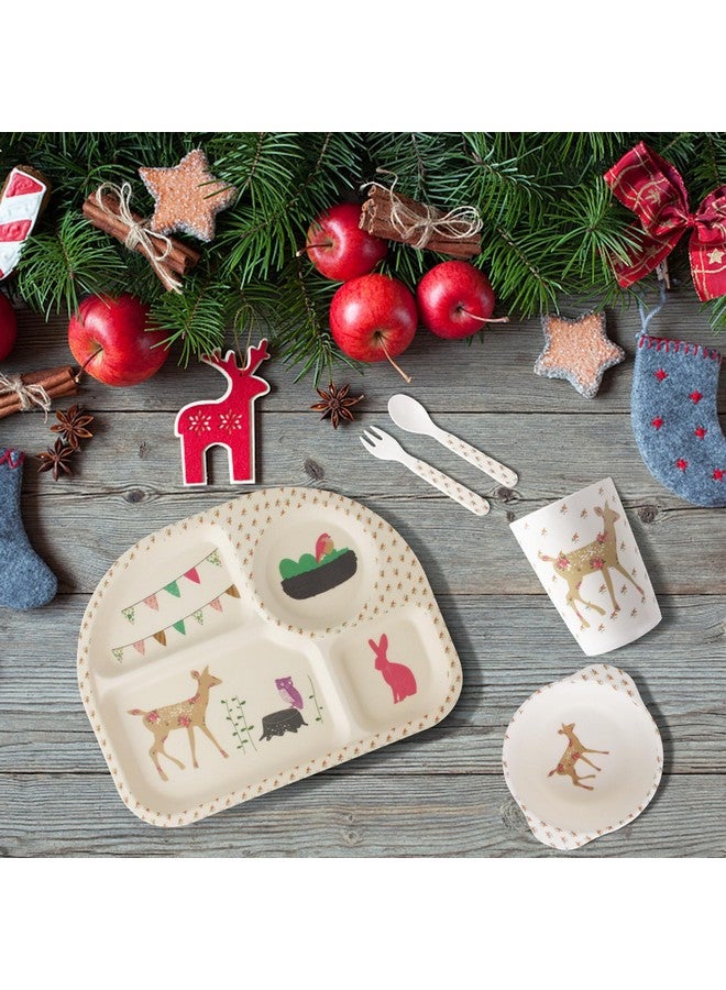 Qshare Bamboo Toddler Dinnerware Set,5Pcs Baby Plates Set,Bamboo Plates and Bowls Set,Christmas Dinnerware Set, Kids Dishes with Plate,Bowl,Cup,Fork and Spoon - Image 5