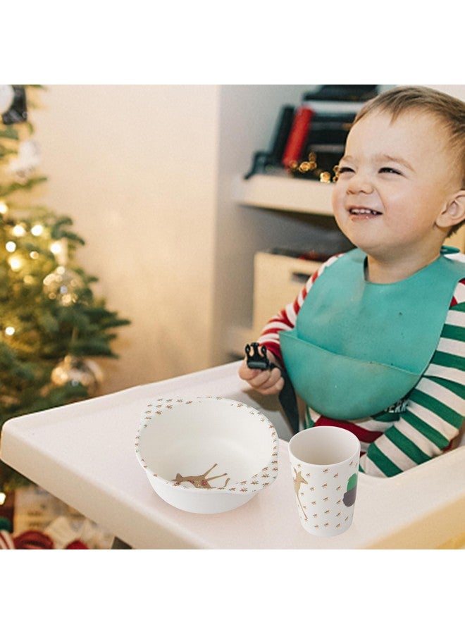 Qshare Bamboo Toddler Dinnerware Set,5Pcs Baby Plates Set,Bamboo Plates and Bowls Set,Christmas Dinnerware Set, Kids Dishes with Plate,Bowl,Cup,Fork and Spoon - Image 4