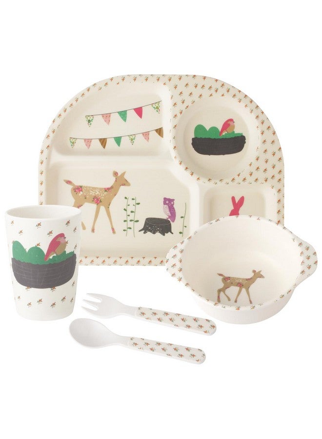 Qshare Bamboo Toddler Dinnerware Set,5Pcs Baby Plates Set,Bamboo Plates and Bowls Set,Christmas Dinnerware Set, Kids Dishes with Plate,Bowl,Cup,Fork and Spoon - Image 1