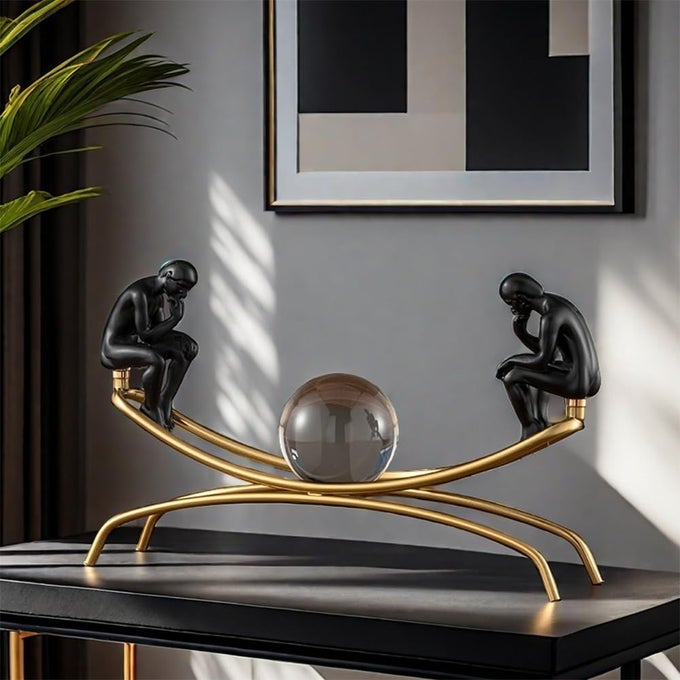The Thinker Statue Thinking Man Statues with Crystal Ball Sculptures Collectible Figurine Home Decor Living Room Decoration Black