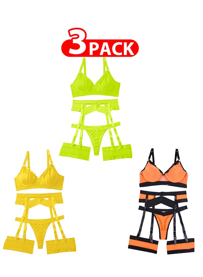 MARGOUN 3 Pack Large Size Women Sheer Mesh Garter Lingerie Set Strappy Teddy Babydoll Bra and Panty with Leg Ring 4 Piece Lingerie Set - Image 1